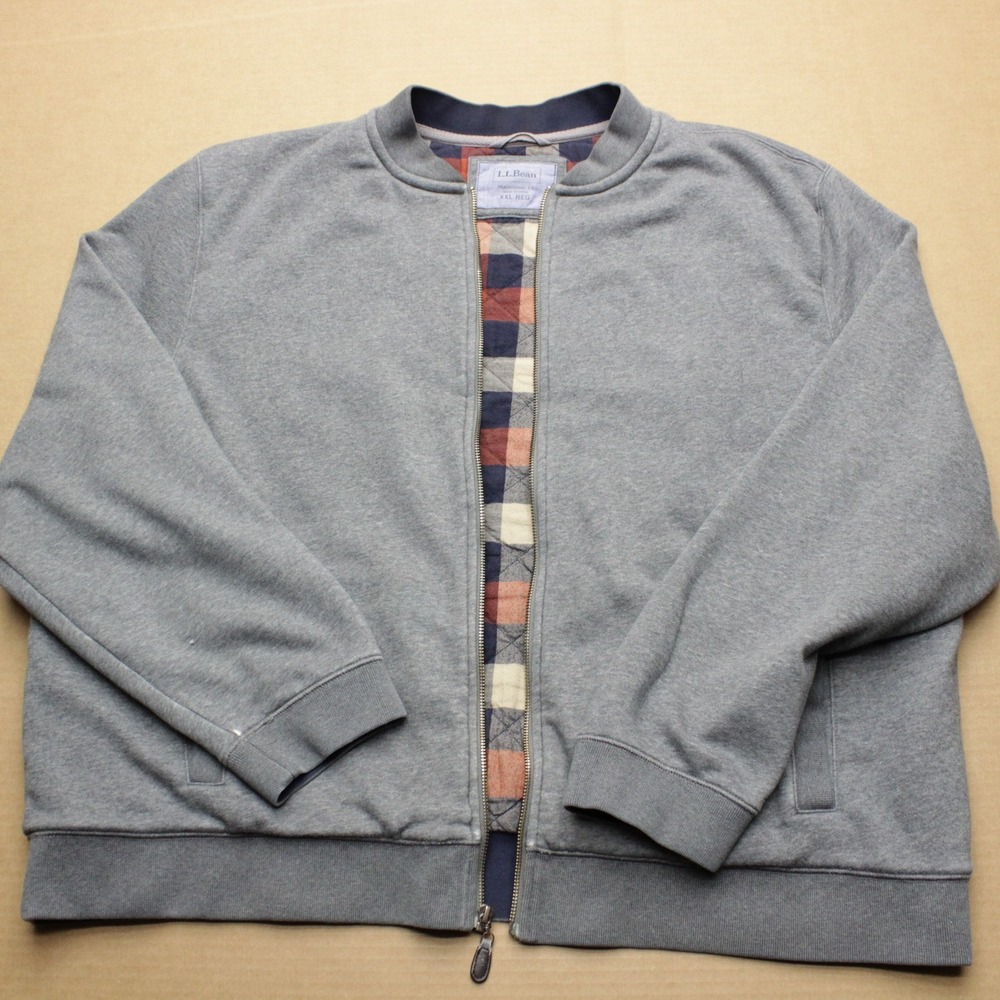 LL Bean Flannel Lined Bomber Jacket Mens 2XL Gray Zip Up Quilted Warm Pockets